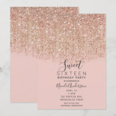 Blush Roze & Roze Gouden Glitter Sweet 16 Feest Kaart (Voorkant / Achterkant)