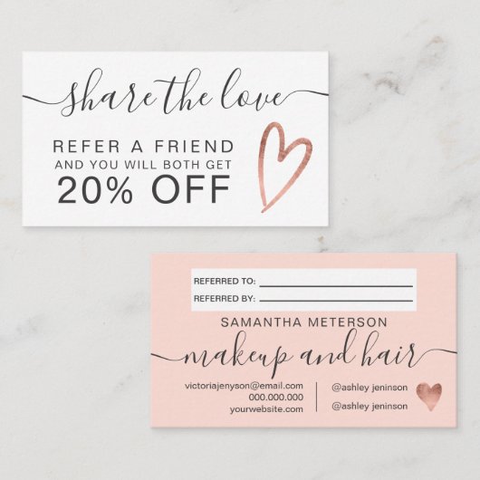 Blush roze roze gouden hartscript deelt de liefde aanbevelingskaartje (Voorkant / Achterkant)