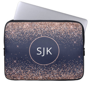 Blush roze roze gouden marineblauw Glitter Monogra Laptop Sleeve