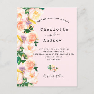Blush roze roze goudfloralen elegante bruiloft briefkaart