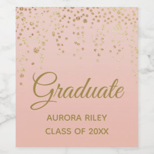 Blush roze roze goudglitter Confetti Afstuderen Wijn Etiket