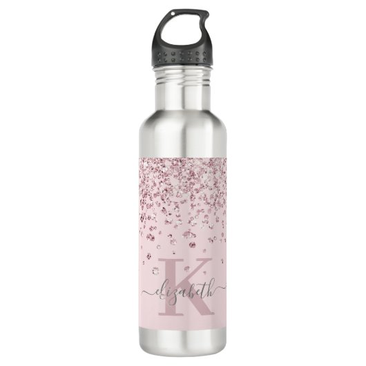 Blush roze roze goudglitter Diamond Monogram Waterfles (Voorkant)
