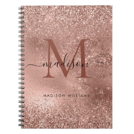 Blush roze roze goudglitter monogram naam notitieboek (Voorkant)