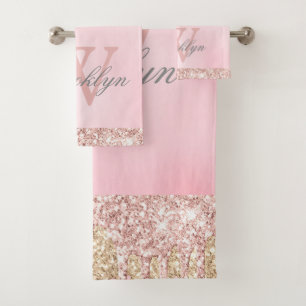 Blush roze roze goudglitterschijven monogrammen bad handdoek