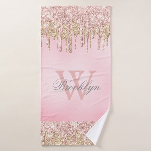 Blush roze roze goudglitterschijven monogrammen badhanddoek (Badhanddoek)