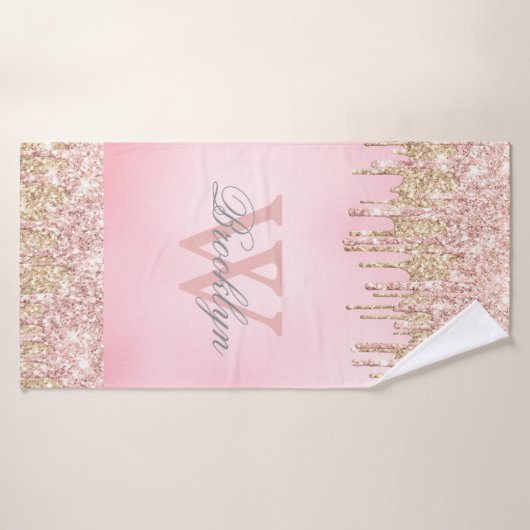 Blush roze roze goudglitterschijven monogrammen badhanddoek (Badhanddoek)