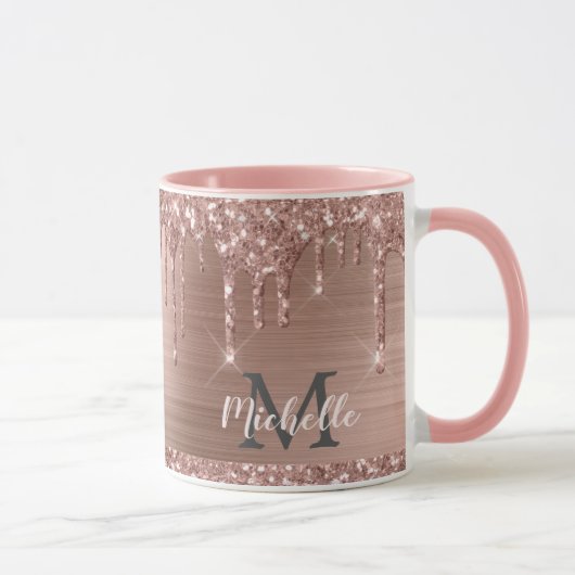Blush roze roze goudglitterschijven monogrammen mok (Rechts)