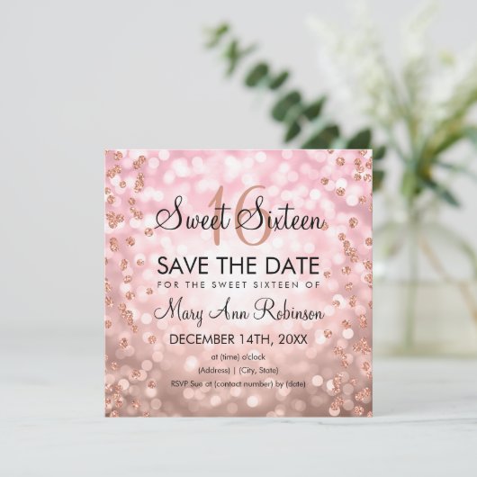 Blush roze roze goudkleurige 16 Glitterlichten Kaart (Staand voorkant)