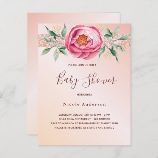 Blush roze roze goudmeel glitter baby shower briefkaart (Voorkant / Achterkant)