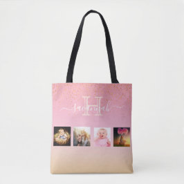 Blush roze roze goudmonogram fotocollage tote bag