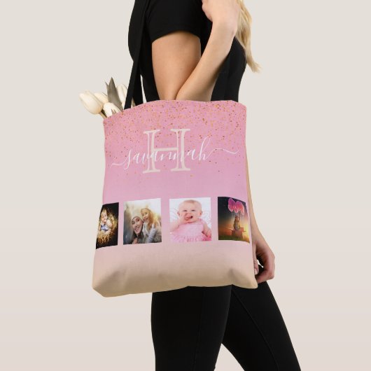 Blush roze roze goudmonogram fotocollage tote bag (Dichtbij)