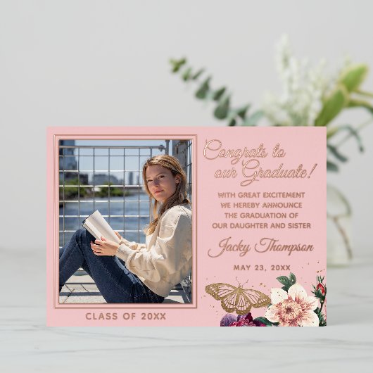 Blush roze roze goudolie Afstuderen Aankondiging (Staand Voorkant)