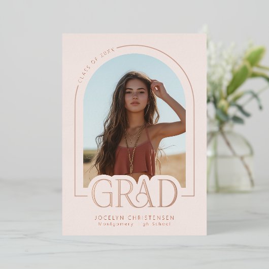 Blush roze roze goudolie Afstuderen Aankondiging (Staand Voorkant)