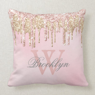 Blush Roze roze goudstaafjes Naam Monogram T Kussen