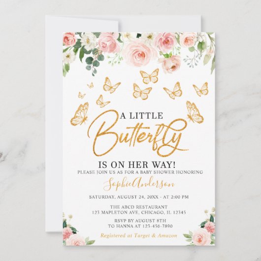 Blush roze roze goudvlindervlinderBaby shower Kaart (Voorkant)