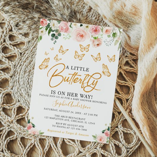 Blush roze roze goudvlindervlinderBaby shower Kaart