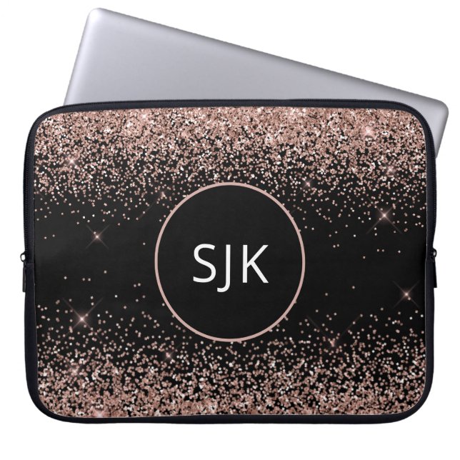 Blush roze roze goudzwart Glitter Monogram Laptop Sleeve (Voorkant)
