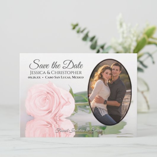 Blush roze roze met ovale foto Romantic Weddenscha Save The Date (Staand voorkant)