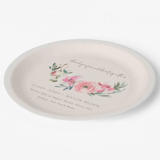 Blush roze roze orchidee Waterverf Floral Weddensc Papieren Bordje (Gekanteld)