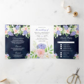 Blush Roze Roze Paarse Hydrangea Navy Blue Wedding Drieluik Uitnodiging (Binnen)