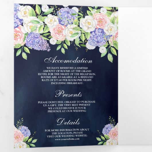 Blush Roze Roze Paarse Hydrangea Navy Blue Wedding Drieluik Uitnodiging (Binnenzijde eerst)