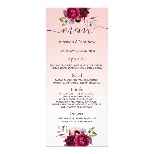 Blush roze roze roodbruin bruinbloemenmenu reclamekaart (Voorkant)