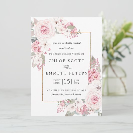 Blush roze roze roze bijtende bruiloft kaart (Staand voorkant)