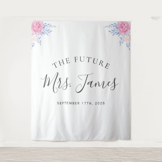 Blush roze roze roze bloemige blauwe bruiloft acht wandkleed (Voorkant)