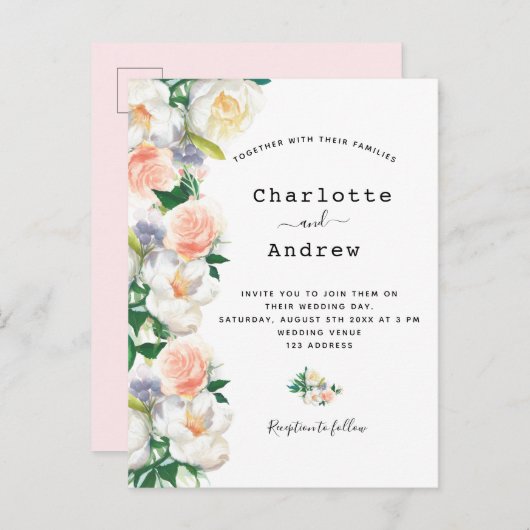 Blush roze roze roze goudfloralen witte bruiloft briefkaart (Voorkant / Achterkant)