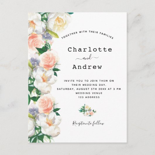 Blush roze roze roze goudfloralen witte bruiloft briefkaart (Voorkant)