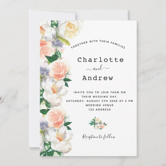 Blush roze roze roze goudfloralen witte bruiloft kaart (Voorkant)