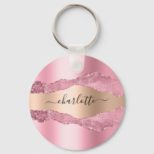 Blush roze roze roze goudkleurige marmer sleutelhanger