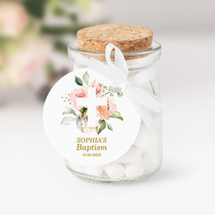 Blush roze roze roze roze roze en witte kruisbapti ronde sticker