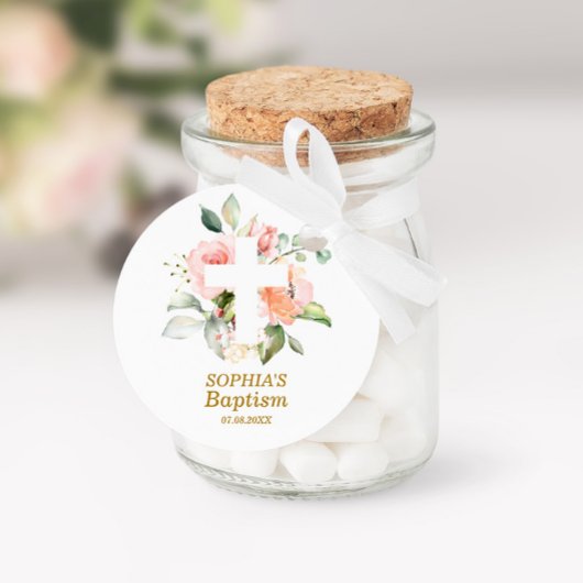 Blush roze roze roze roze roze en witte kruisbapti ronde sticker