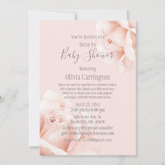 Blush roze roze rozen script drive by Baby shower Kaart (Voorkant)