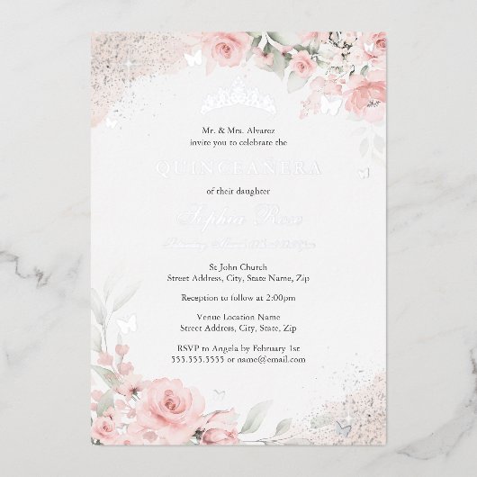 Blush Roze Roze Vlinder Zilver Quinceanera Folie Uitnodiging (Voorkant)