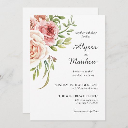 Blush roze roze witte rozen Floral Weddenschap Kaart (Voorkant / Achterkant)