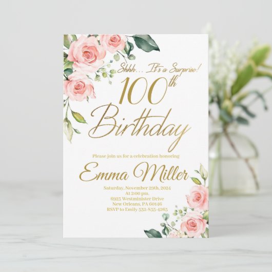 Blush Roze Rozen 100e Verjaardagsfeest Kaart (Staand voorkant)