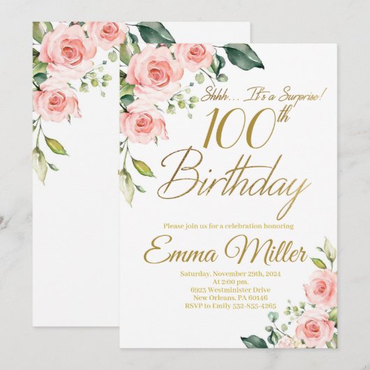 Blush Roze Rozen 100e Verjaardagsfeest Kaart (Voorkant / Achterkant)