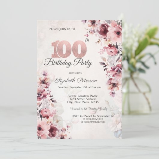 Blush roze rozen 100ste verjaardag kaart (Staand voorkant)