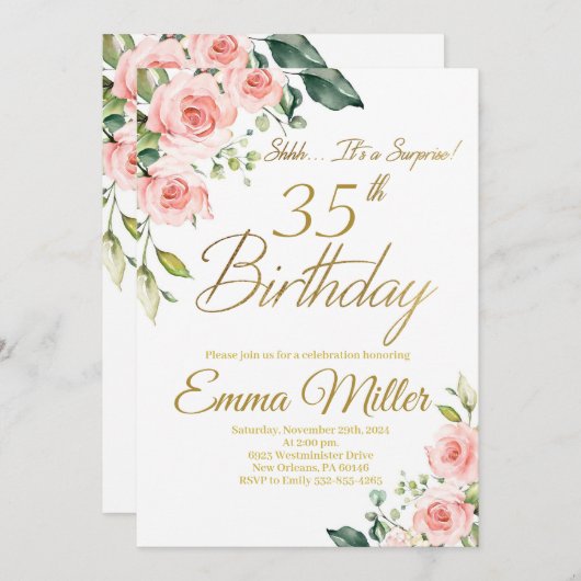 Blush Roze Rozen 35e Verjaardagsfeest Kaart (Voorkant / Achterkant)