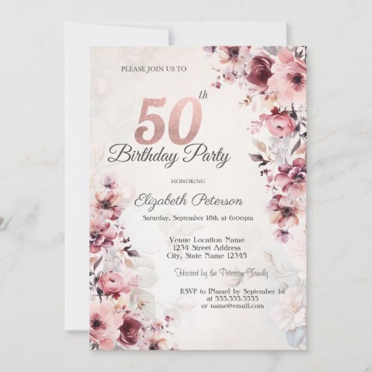 Blush roze rozen 50ste verjaardag kaart (Voorkant)