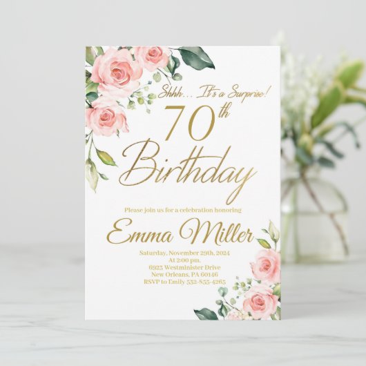 Blush Roze Rozen 70e Verjaardagsfeest Kaart (Staand voorkant)