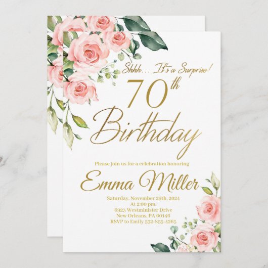 Blush Roze Rozen 70e Verjaardagsfeest Kaart (Voorkant / Achterkant)