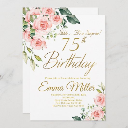 Blush Roze Rozen 75e Verjaardagsfeestje Kaart (Voorkant / Achterkant)