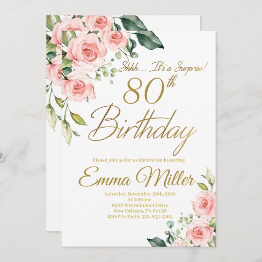 Blush Roze Rozen 80ste Verjaardagsfeest Kaart (Voorkant / Achterkant)