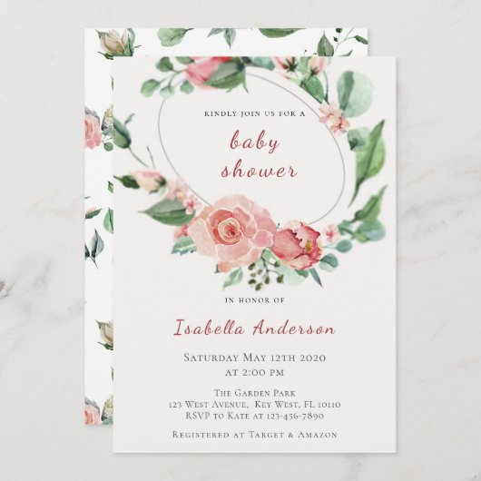 Blush roze rozen Baby shower Kaart (Voorkant / Achterkant)