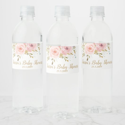 Blush Roze Rozen Bloemen Baby shower Waterfles Etiket (Flessen)