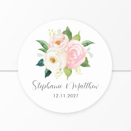 Blush Roze Rozen Bloemen Botanische Bruiloft Ronde Sticker