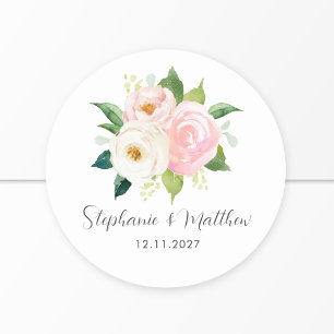 Blush Roze Rozen Bloemen Botanische Bruiloft Ronde Sticker